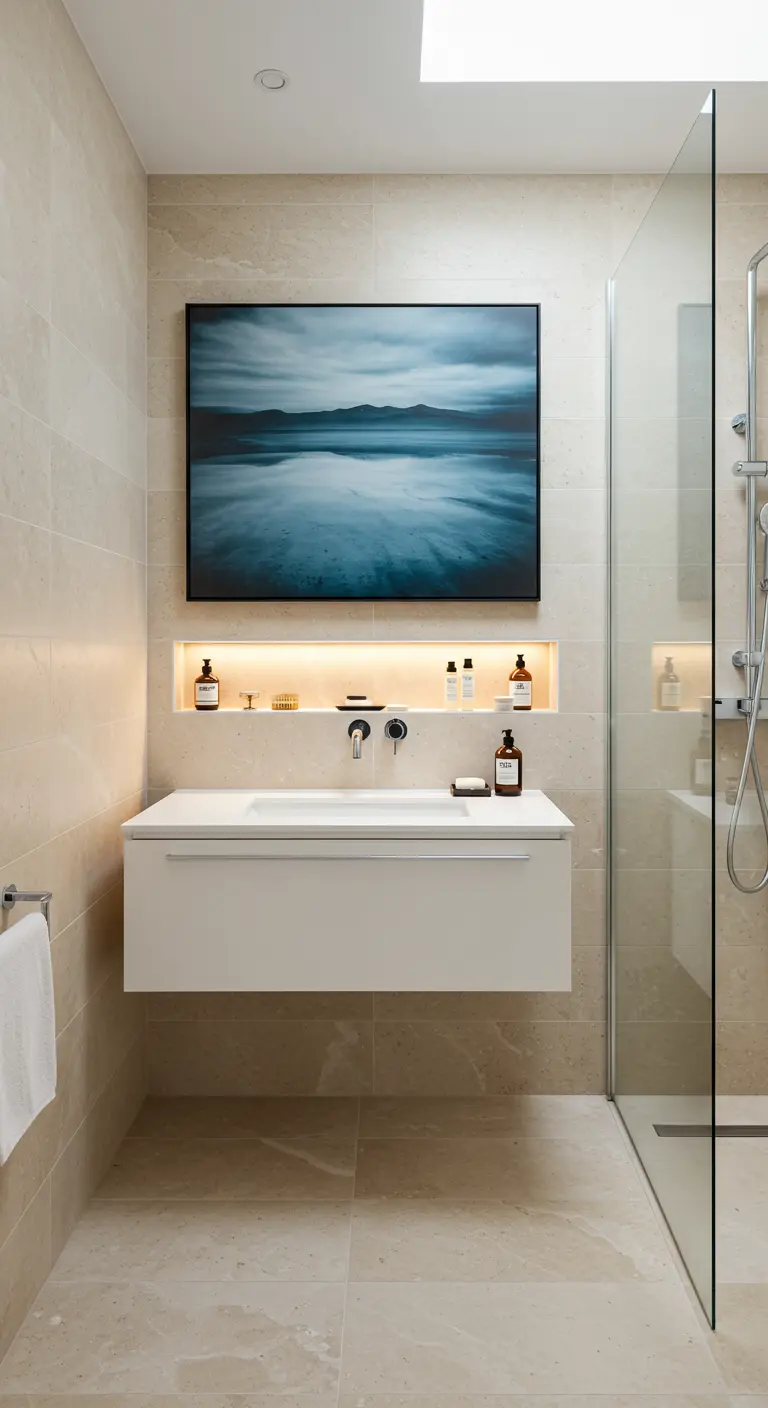 Moderne badkamer met groot kunstwerk boven de wastafel en een verlichte nis.