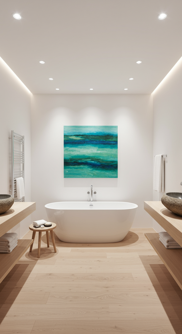 Minimalistische badkamer met groot abstract schilderij boven het bad.