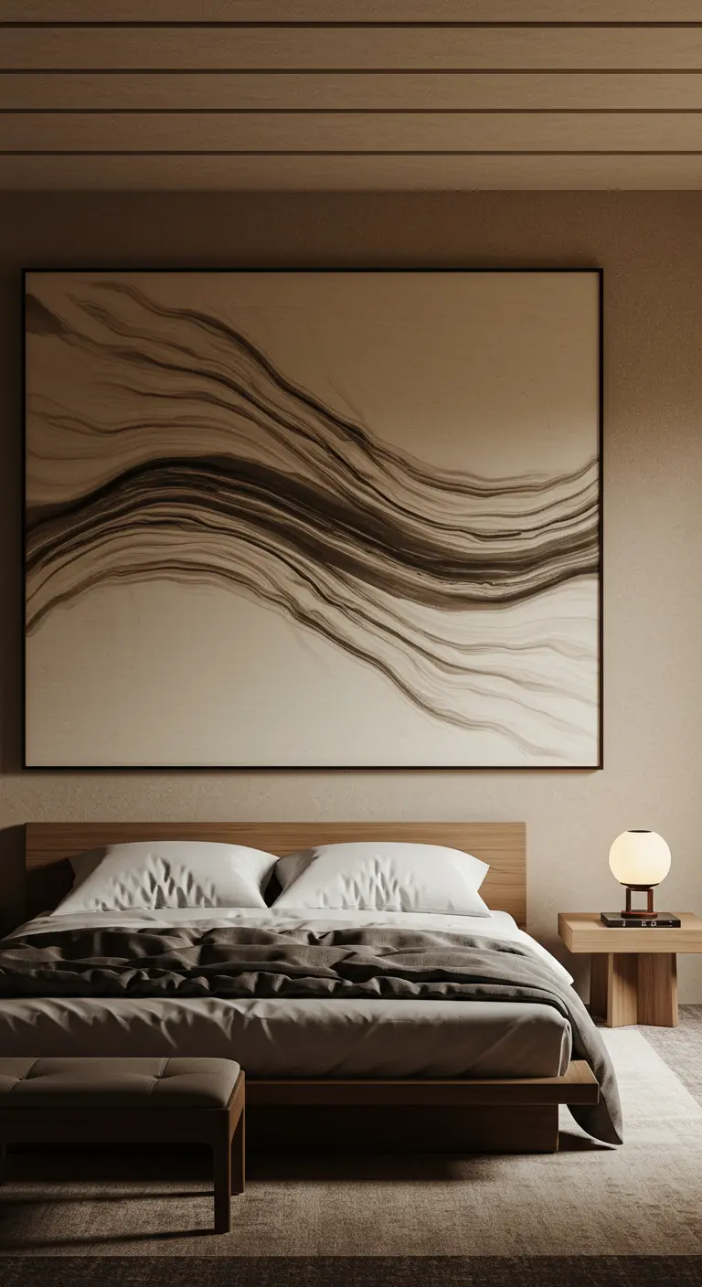 Japandi slaapkamer met groot abstract kunstwerk boven houten bed.