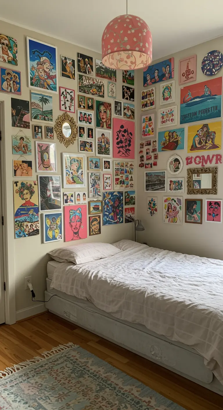 Slaapkamer met een grote, kleurrijke gallery wall van diverse kunstwerken en foto's boven het bed.
