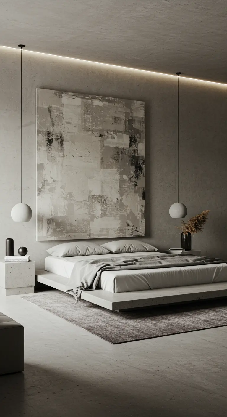 Minimalistisch zwevend bedframe met een groot abstract kunstwerk erboven.