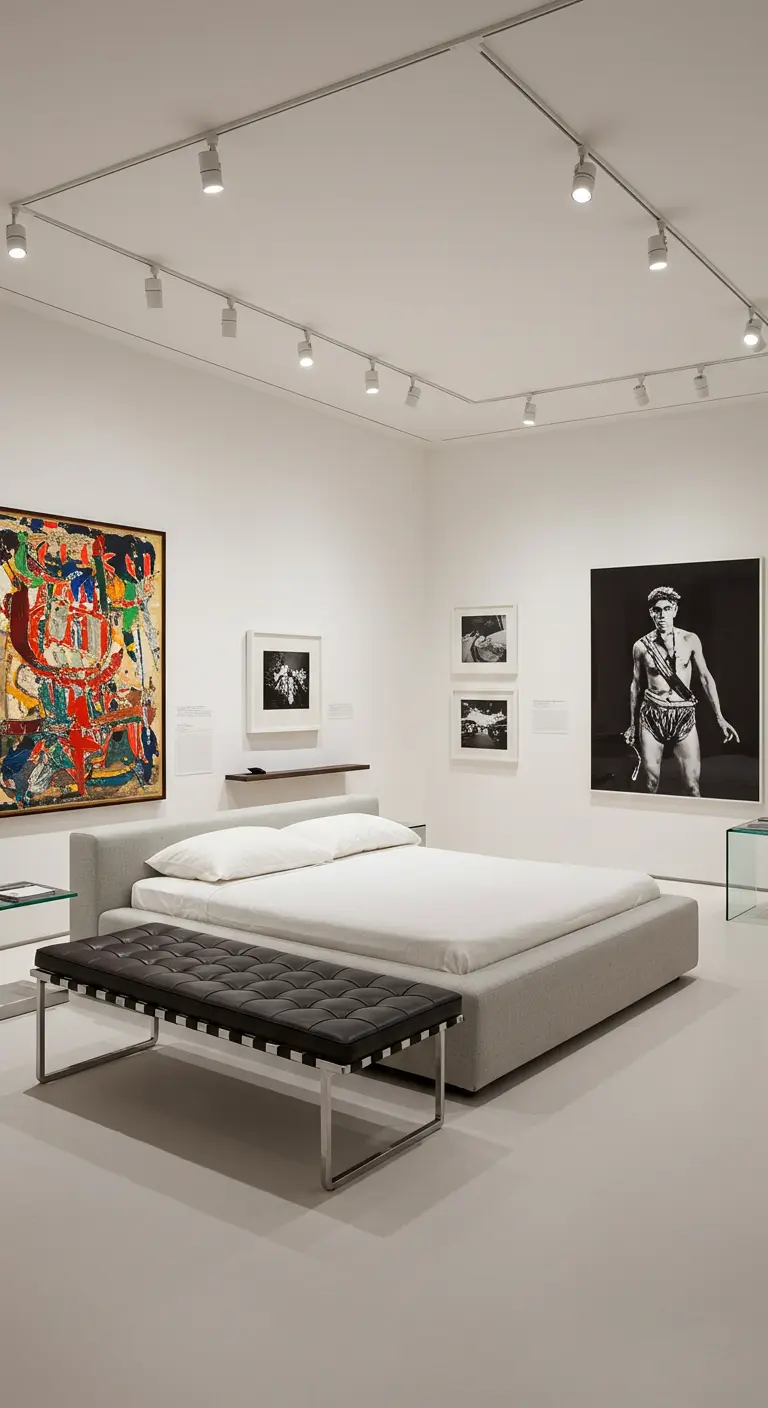 Witte slaapkamer in galerie-stijl met veel kunst en een strak zwart leren bankje.