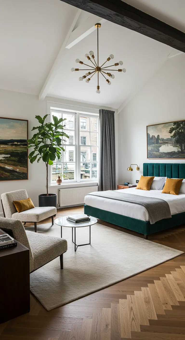 Lichte slaapkamer met hoog plafond, visgraatvloer, groene accenten en moderne kroonluchter.