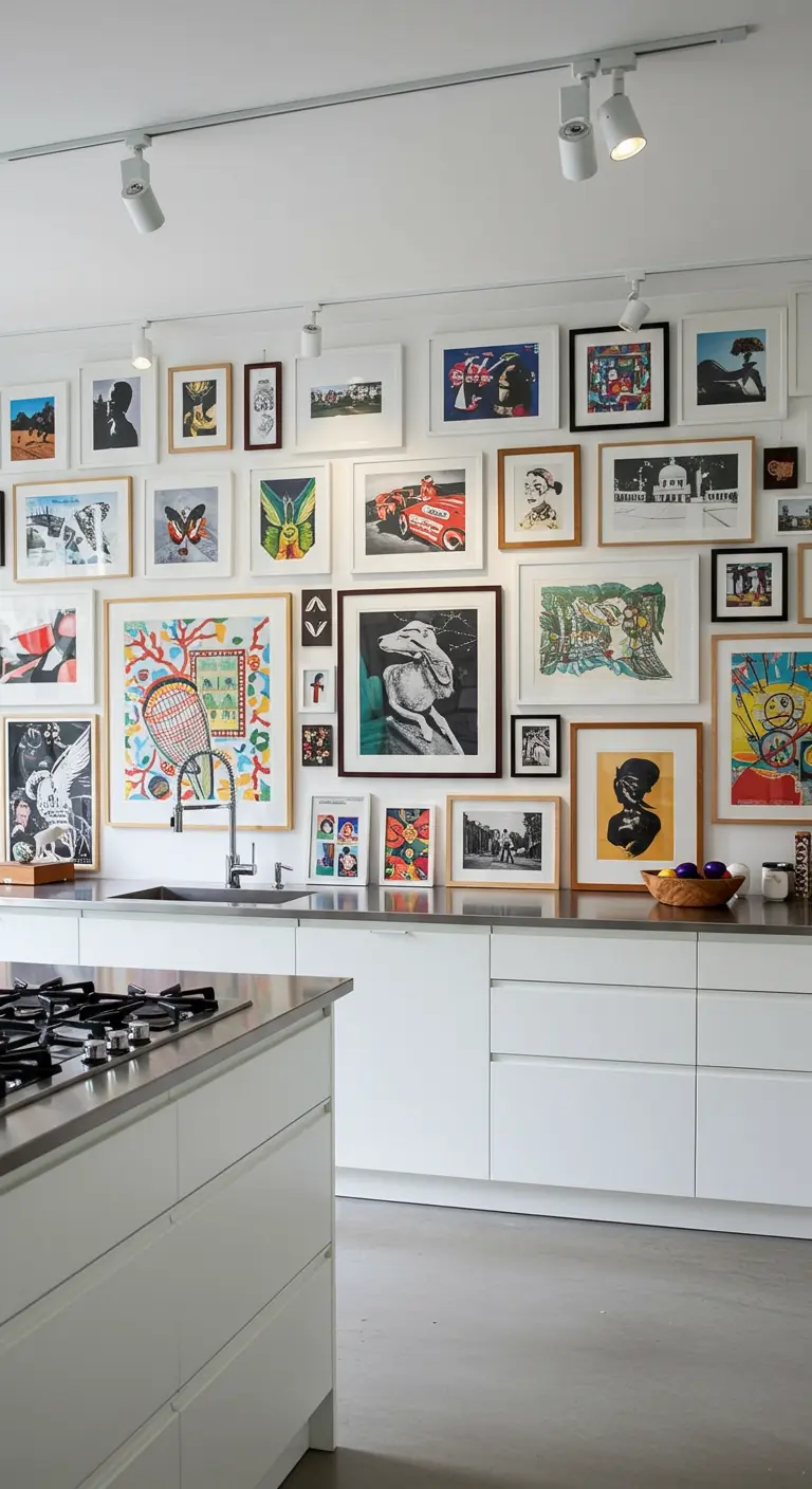 Witte keuken met een muur vol ingelijste kunstwerken boven het aanrecht.