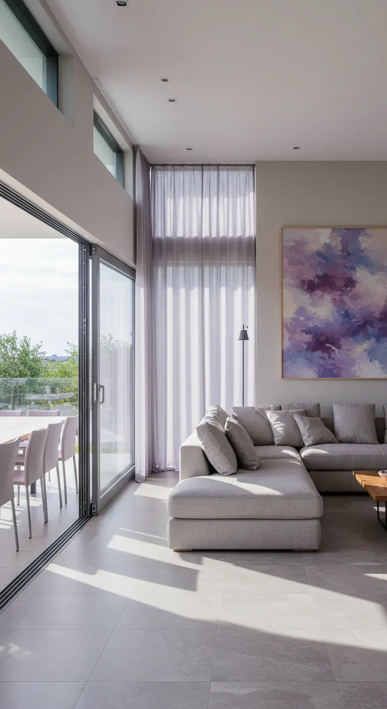 Moderne woonkamer met grijze bank, groot abstract schilderij in paars en teal, hoge ramen.