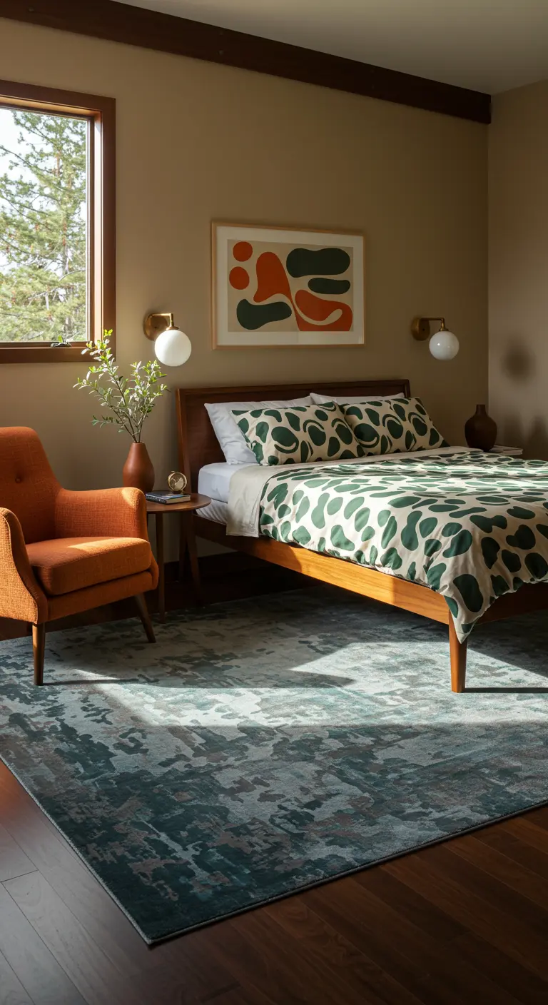 Slaapkamer met walnoothouten bed, groen beddengoed, oranje stoel en abstract kunstwerk.