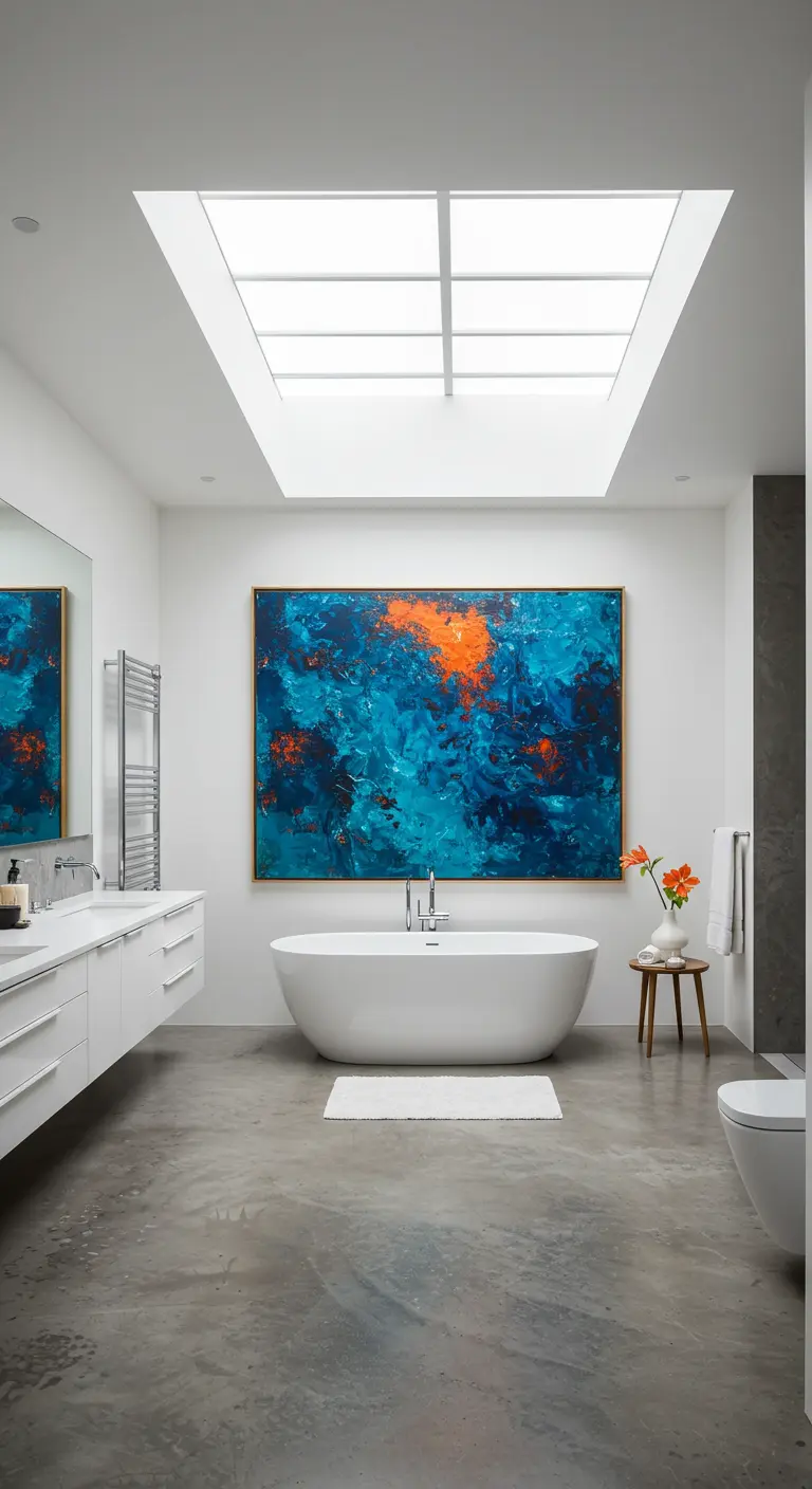 Moderne badkamer met groot abstract blauw-oranje schilderij boven vrijstaand bad en dakraam.
