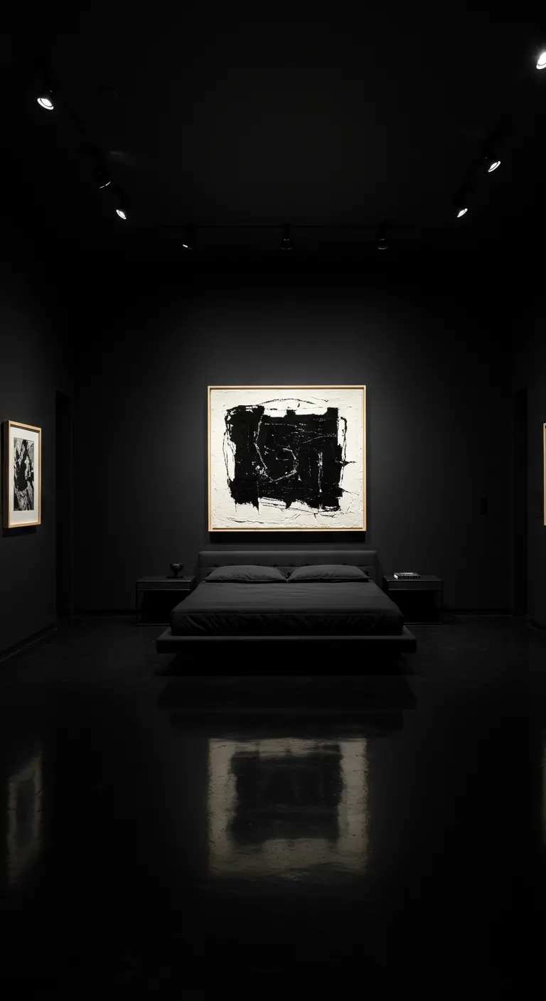 Minimalistische zwarte slaapkamer met groot abstract kunstwerk boven een laag bed.
