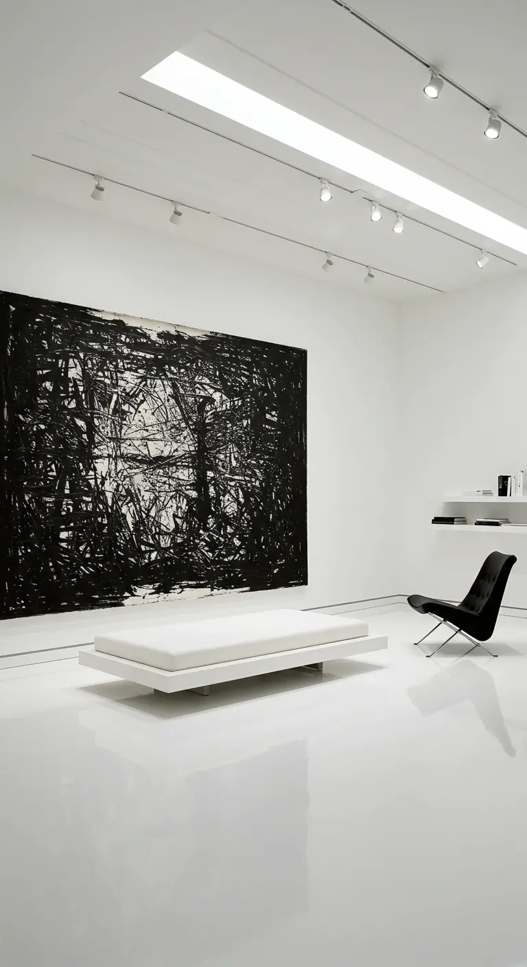 Witte minimalistische ruimte met groot abstract zwart-wit schilderij en daybed.