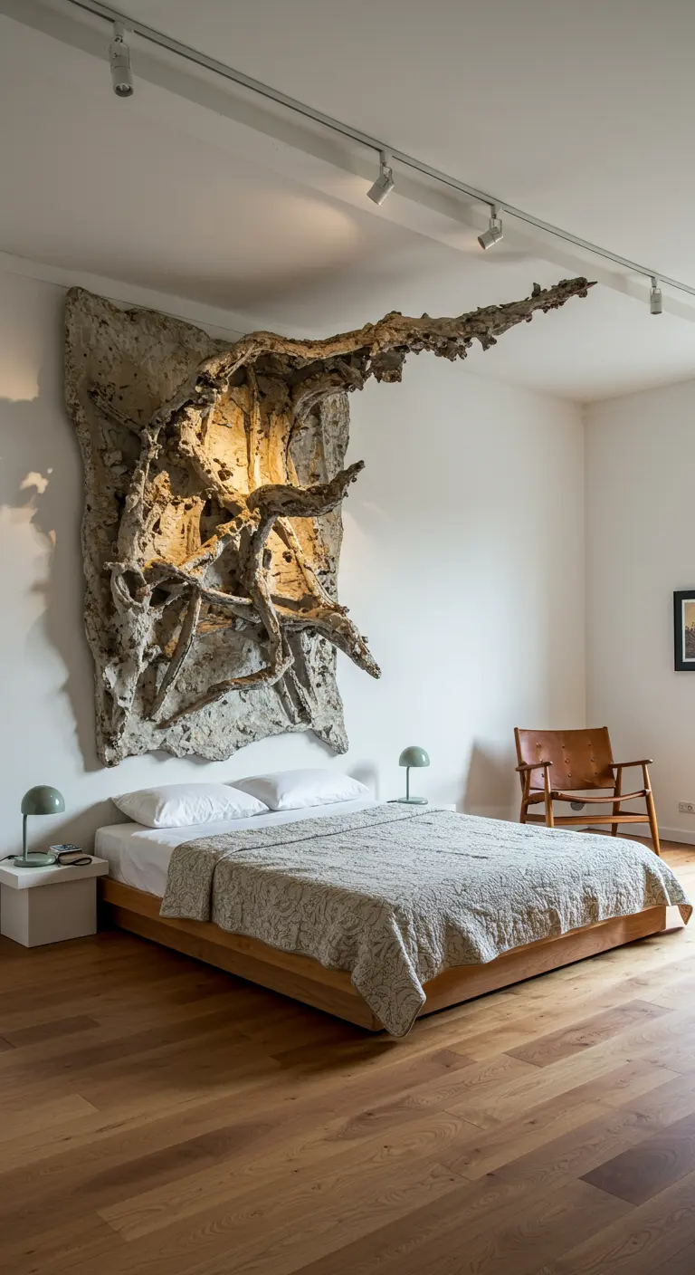Groot, abstract sculpturaal kunstwerk aan de muur boven een bed in een minimalistische slaapkamer.