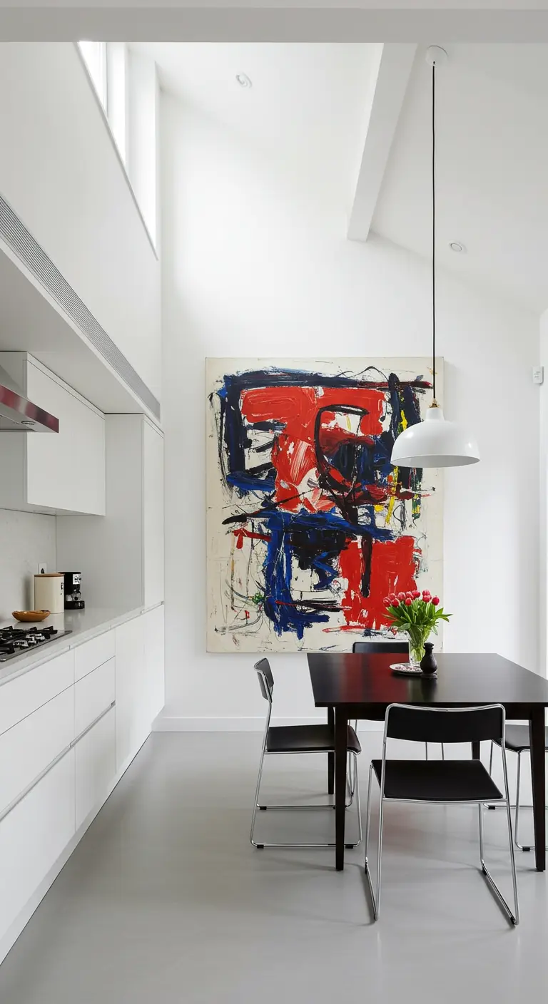 Witte minimalistische eethoek met een groot, kleurrijk abstract schilderij aan de muur.