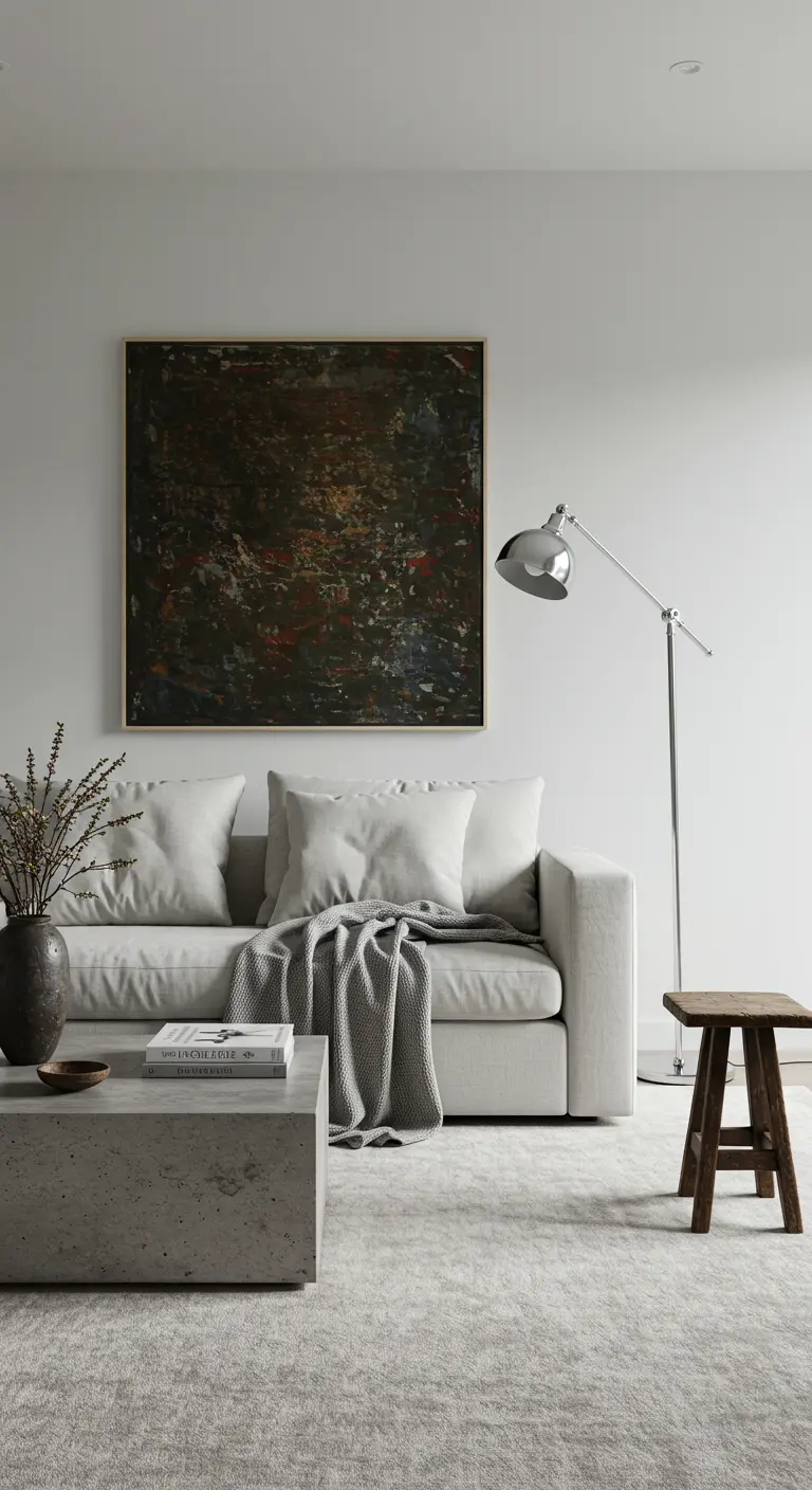 Minimalistische woonkamer met wit bankstel, betonnen salontafel en groot abstract schilderij.
