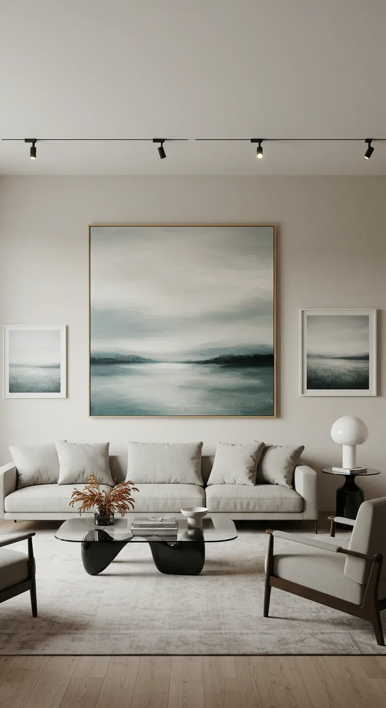 Minimalistische woonkamer met grote abstracte schilderijen en een lichte bank.