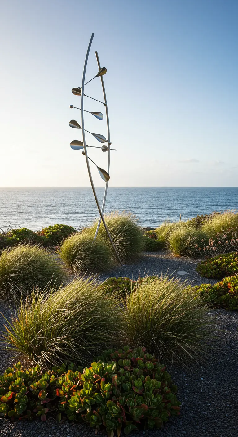 Metalen windsculptuur met draaiende elementen, geplaatst in duingrassen met uitzicht op zee.