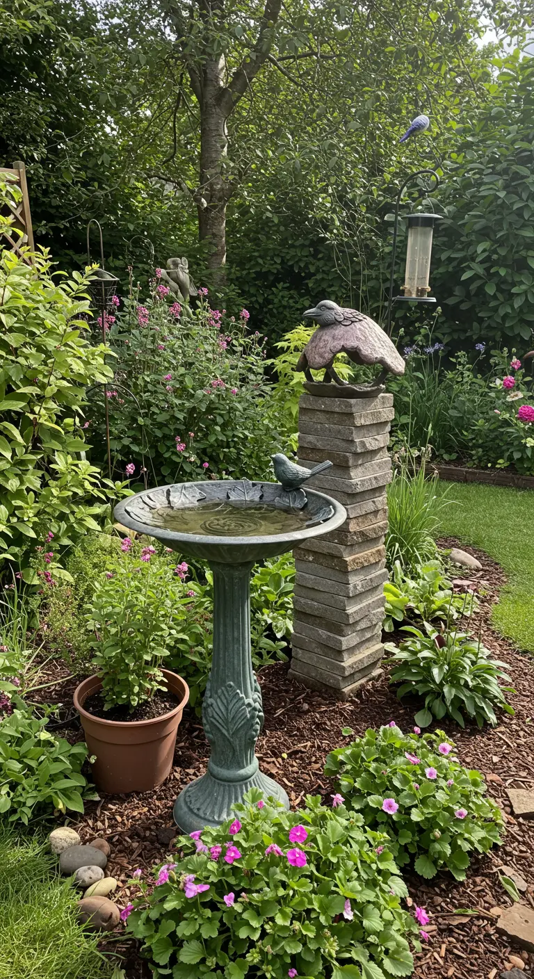 Decoratief vogelbad en een stenen pilaar met een vogelbeeldje in een weelderige tuin.