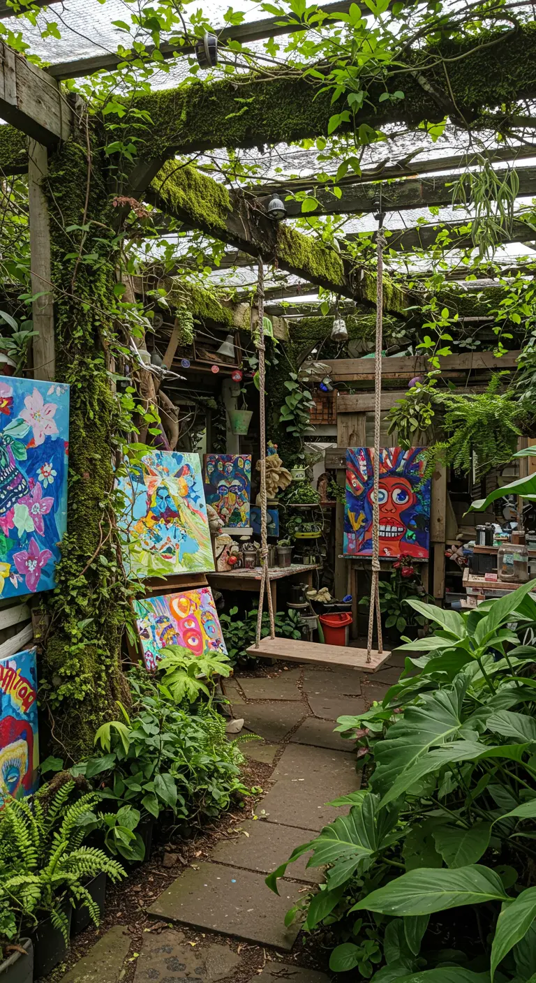 Buitenruimte met kleurrijke schilderijen, planten en een houten schommel onder een groene pergola.