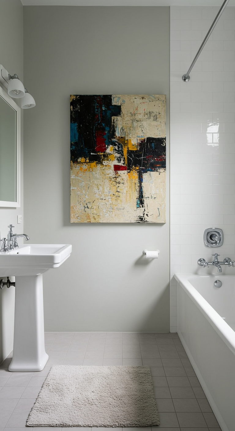 Badkamer met een groot abstract schilderij aan de muur boven het toilet.