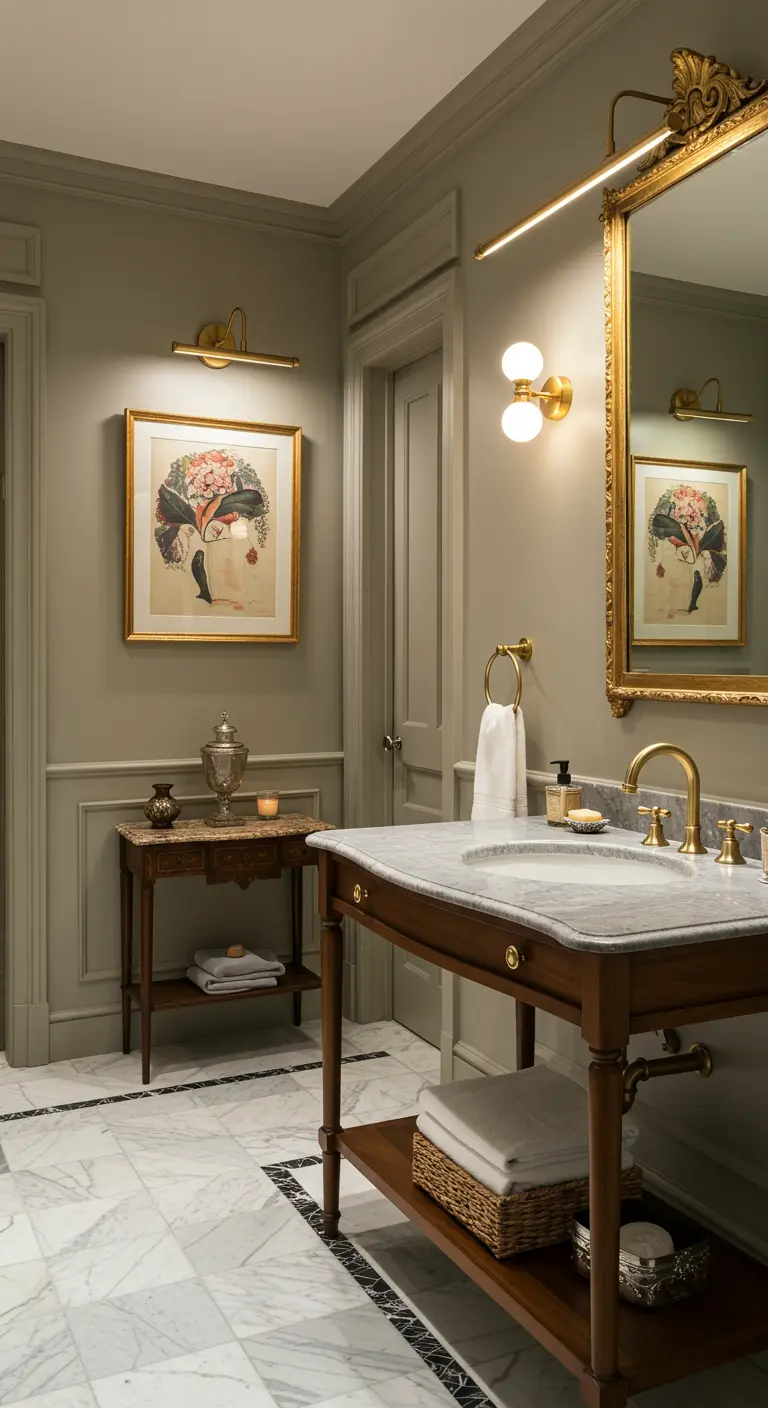 Elegante badkamer met schilderijlamp boven kunstwerk en wandlamp naast spiegel.