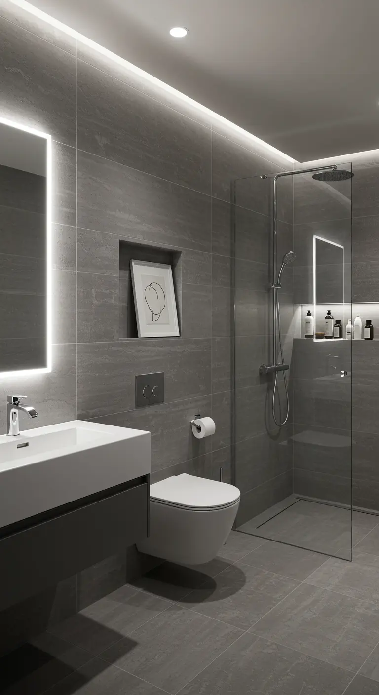 Moderne grijze badkamer met nis met ingelijste kunst en een strakke inloopdouche.