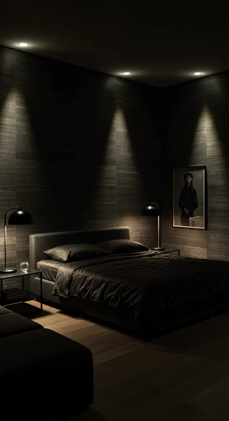 Donkere slaapkamer met spots gericht op een schilderij en leeslampjes.