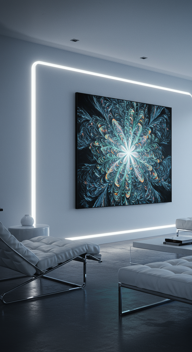 Modern, donker interieur met een groot, kleurrijk abstract schilderij omlijst door witte LED-verlichting.