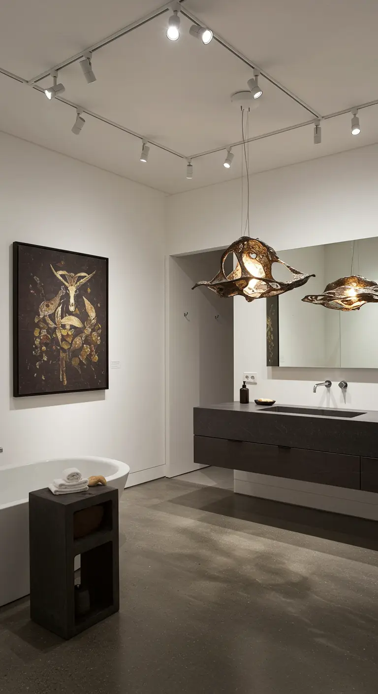 Moderne badkamer met railsysteem plafondverlichting, spotjes en een organische, sculpturale hanglamp.
