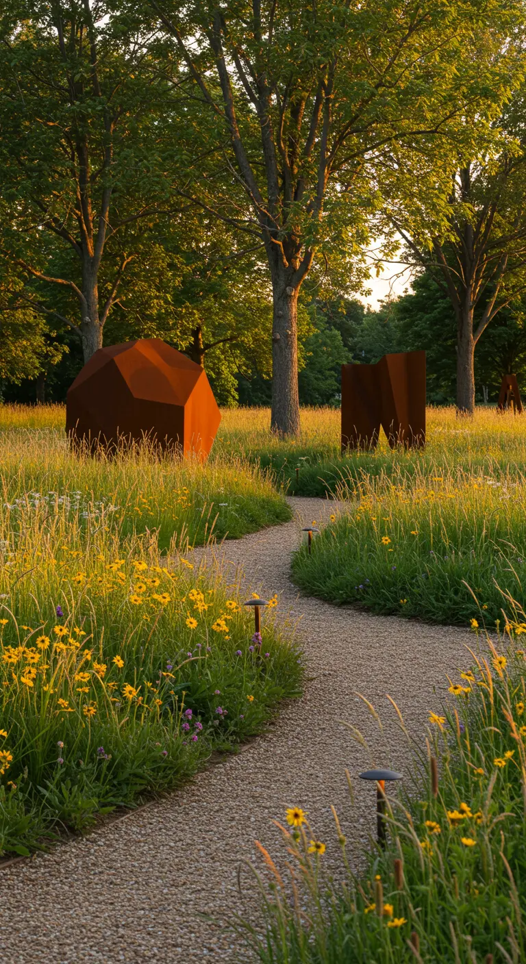 Landschapstuin met cortenstalen sculpturen tussen wilde bloemen en een graspad.