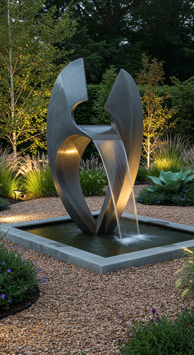 Moderne abstracte sculptuurfontein in een tuin met grind en minimalistische beplanting.