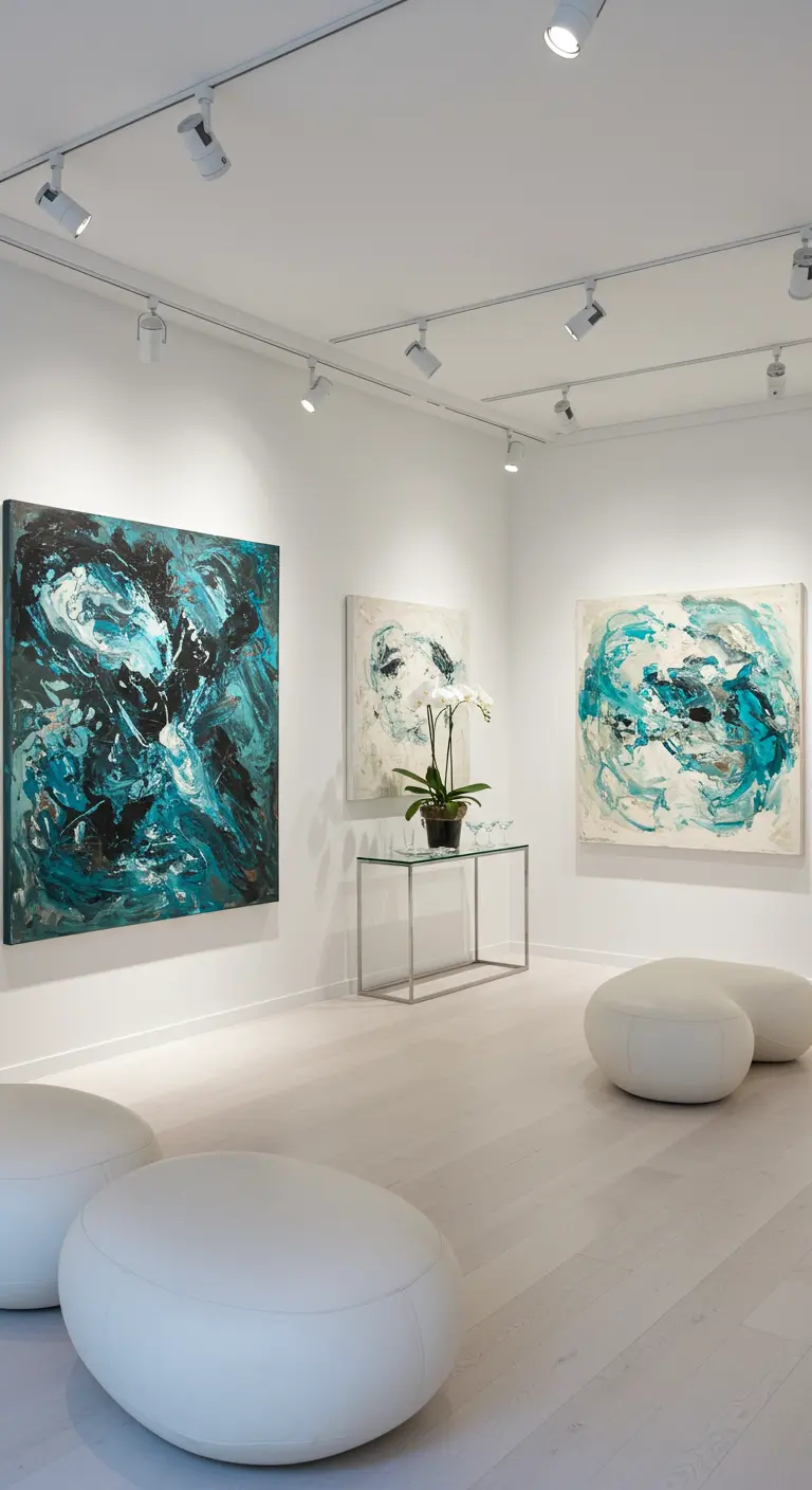 Witte, minimalistische woonkamer met grote abstracte schilderijen en witte poefs.