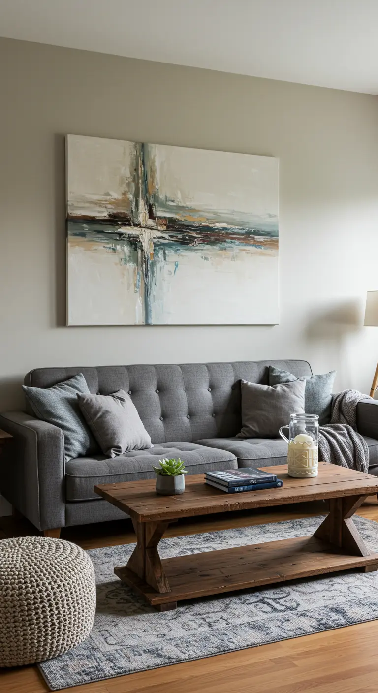 Woonkamer met grijze bank en een groot abstract schilderij erboven in blauw- en beigetinten.