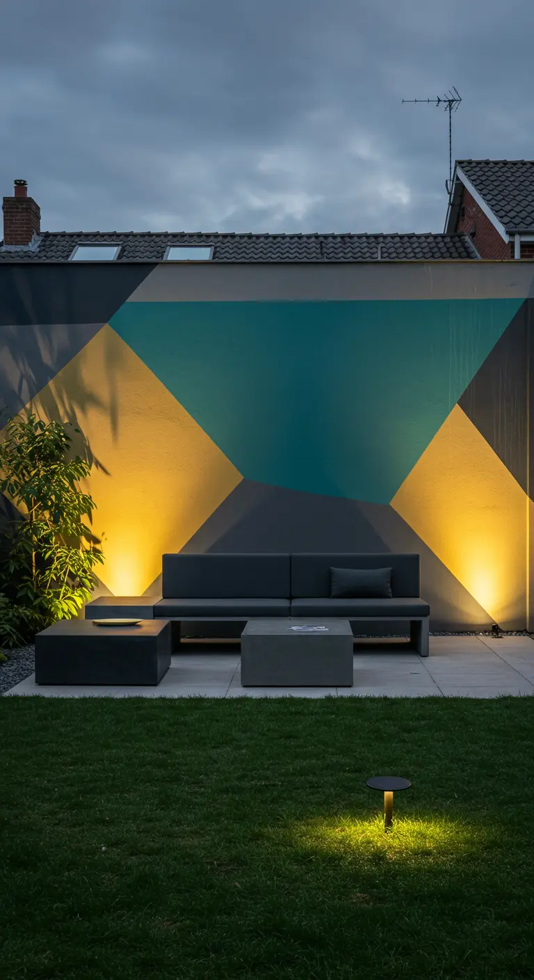 Tuinmuur met geometrisch schildering in grijs, geel en turquoise, verlicht met uplighters.
