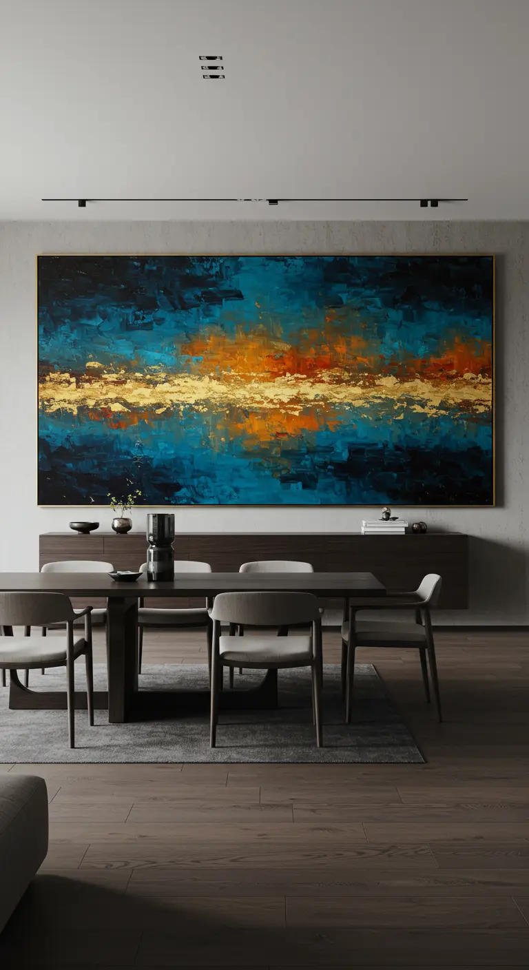 Moderne eethoek met een groot abstract schilderij in blauw, oranje en goud.