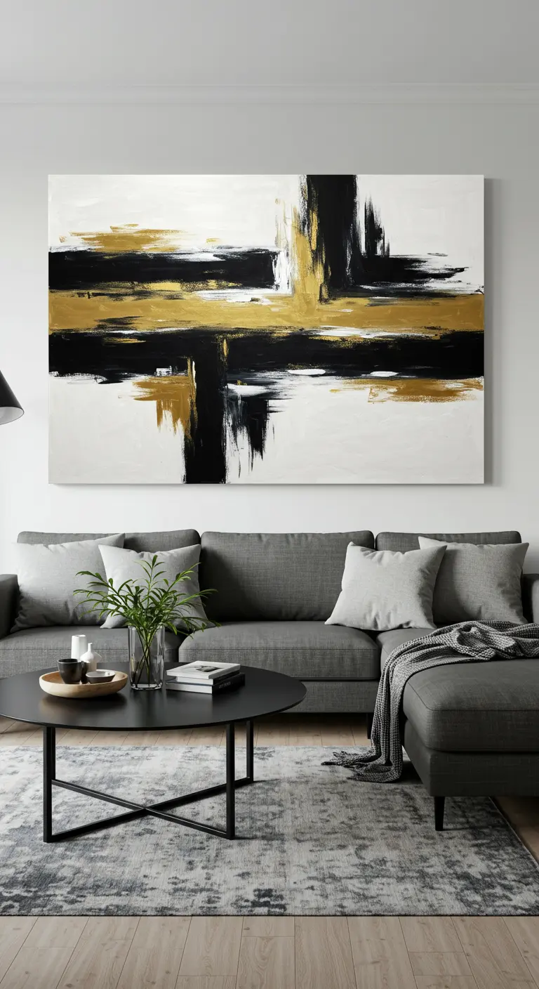 Groot abstract schilderij in zwart, wit en goud boven een grijze bank.