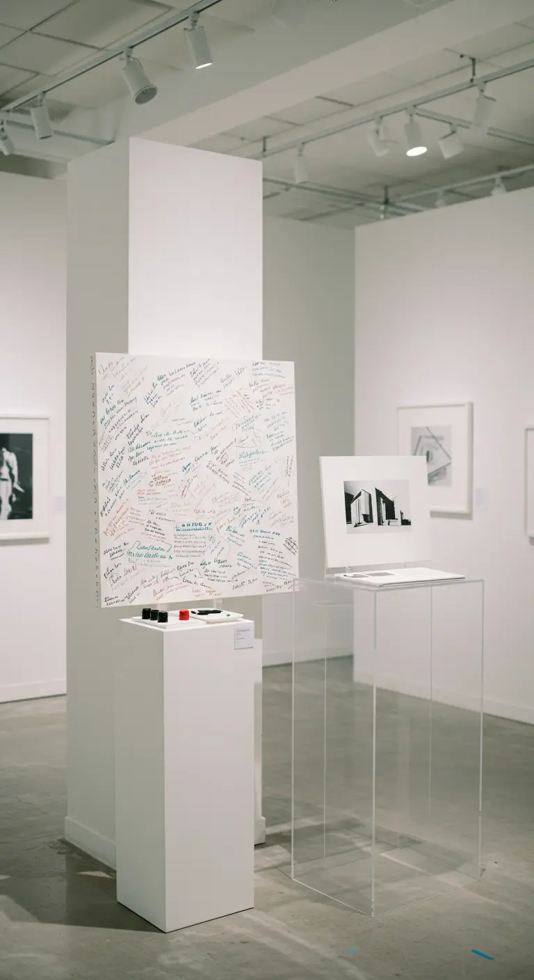 Gastenboek als groot wit canvas in kunstgalerie-setting, met gekleurde markers.