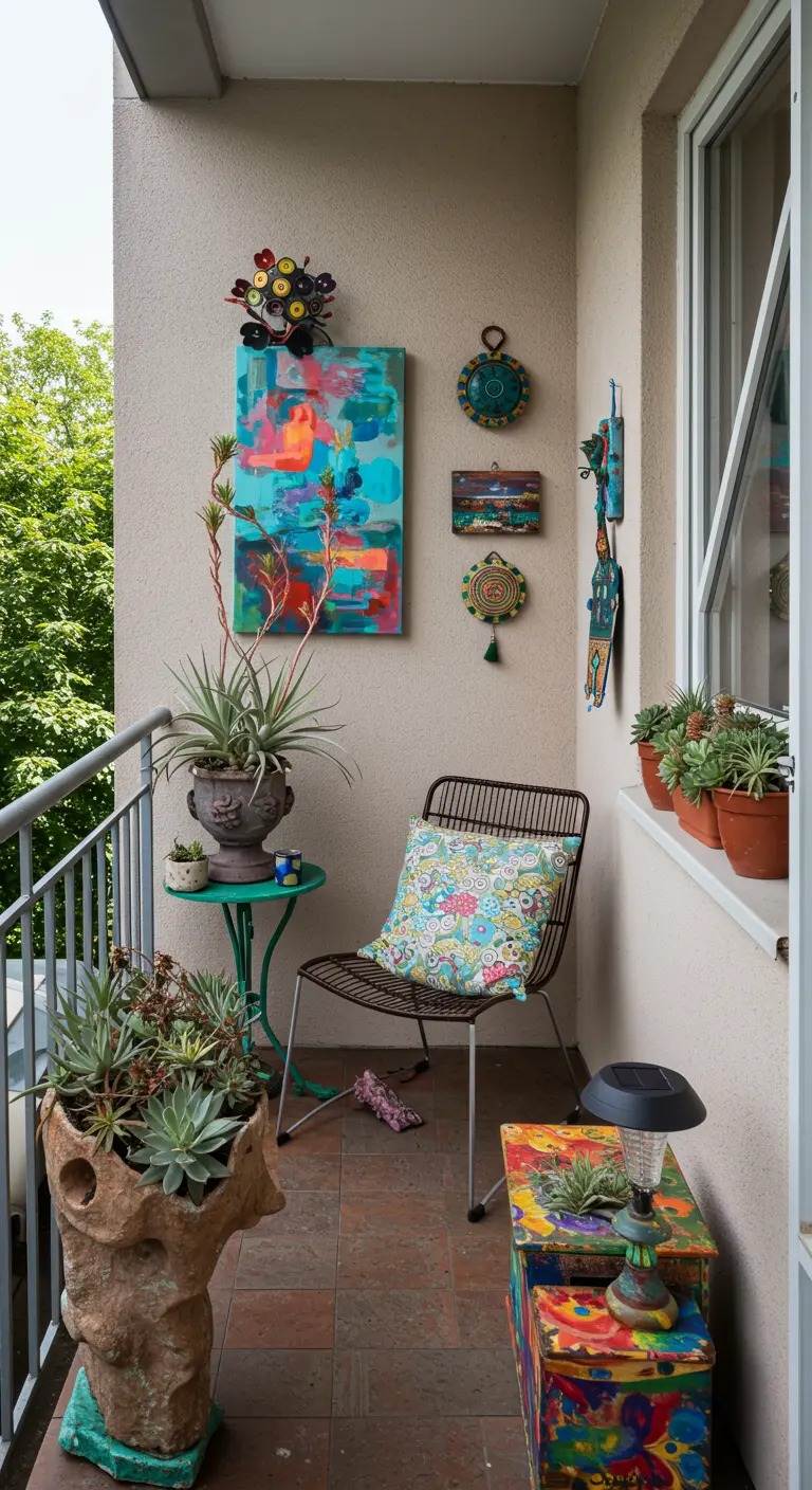 Balkon met kleurrijk abstract schilderij, artistieke plantenpotten en een metalen stoel.