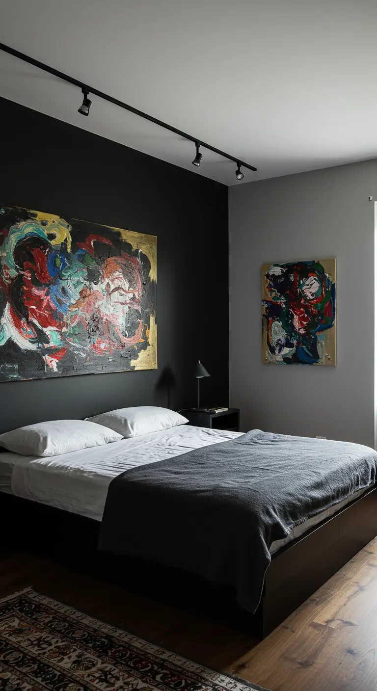 Slaapkamer met donkere muur en een groot, kleurrijk abstract kunstwerk erboven.
