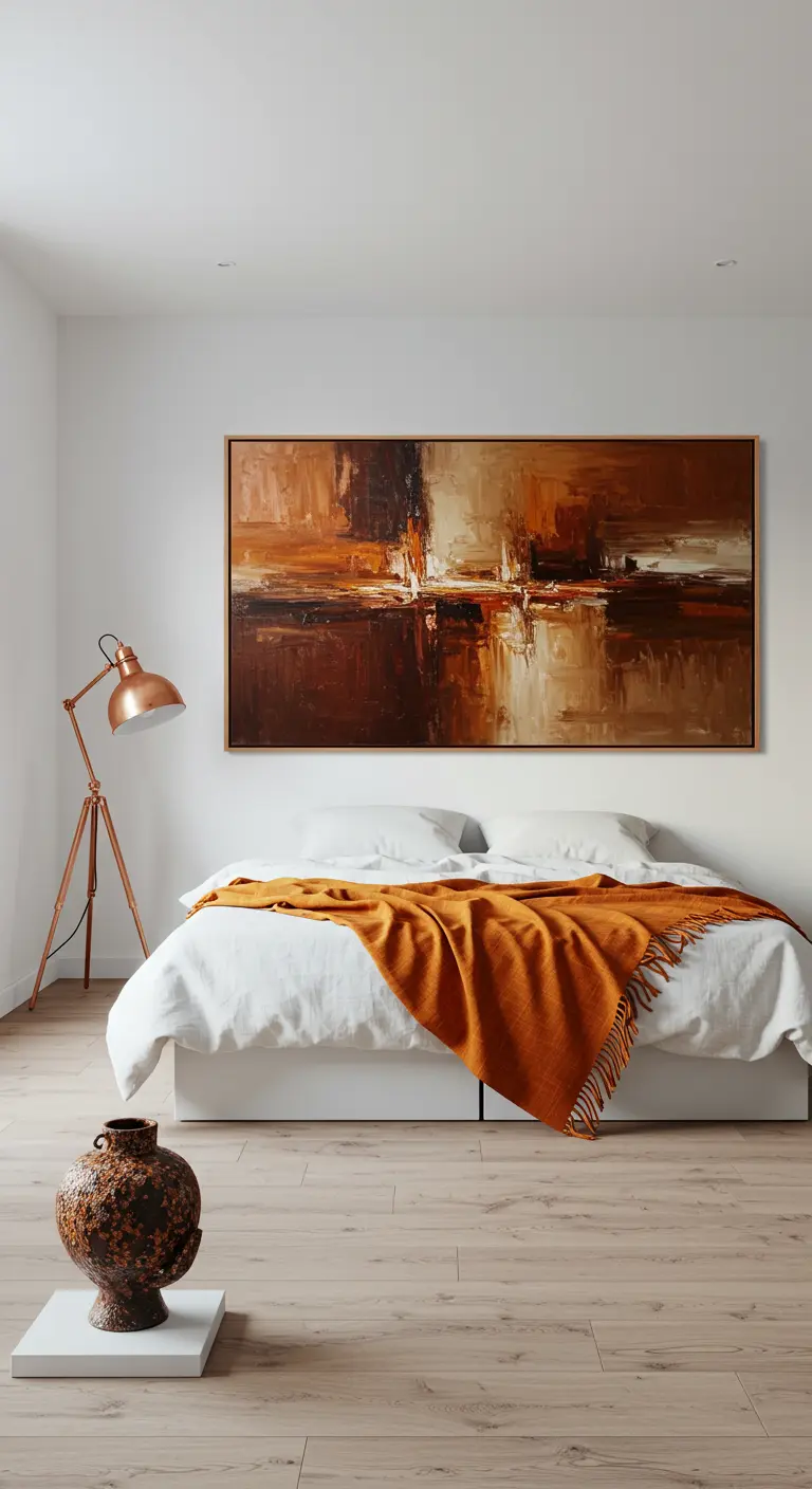 Slaapkamer met groot abstract schilderij, koperen vloerlamp, wit bed met oranje sprei.