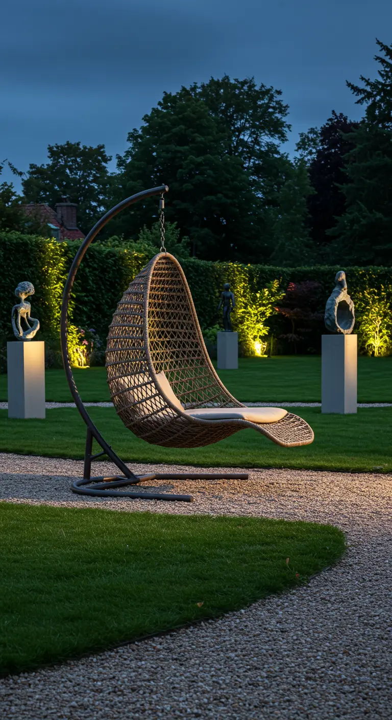 Rotan eivormige hangstoel in een strakke, verlichte designtuin met sculpturen.