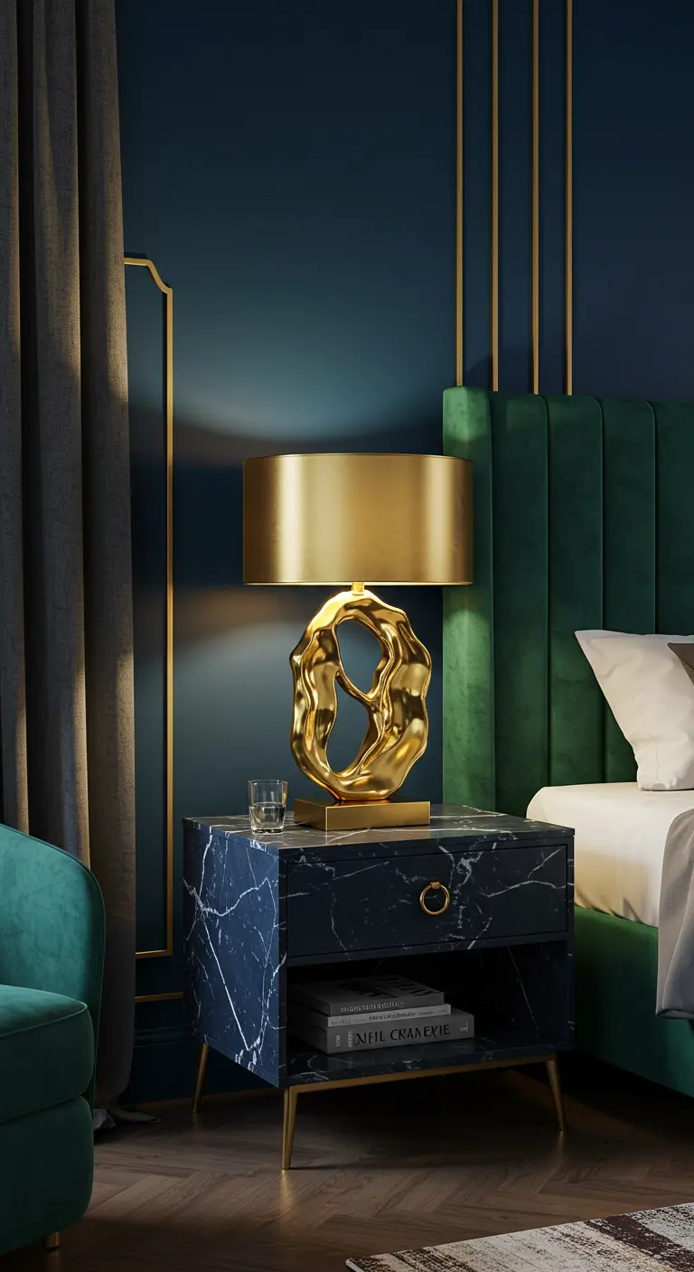 Gouden, abstract gevormde tafellamp op een donkerblauw marmeren nachtkastje in een luxe slaapkamer.