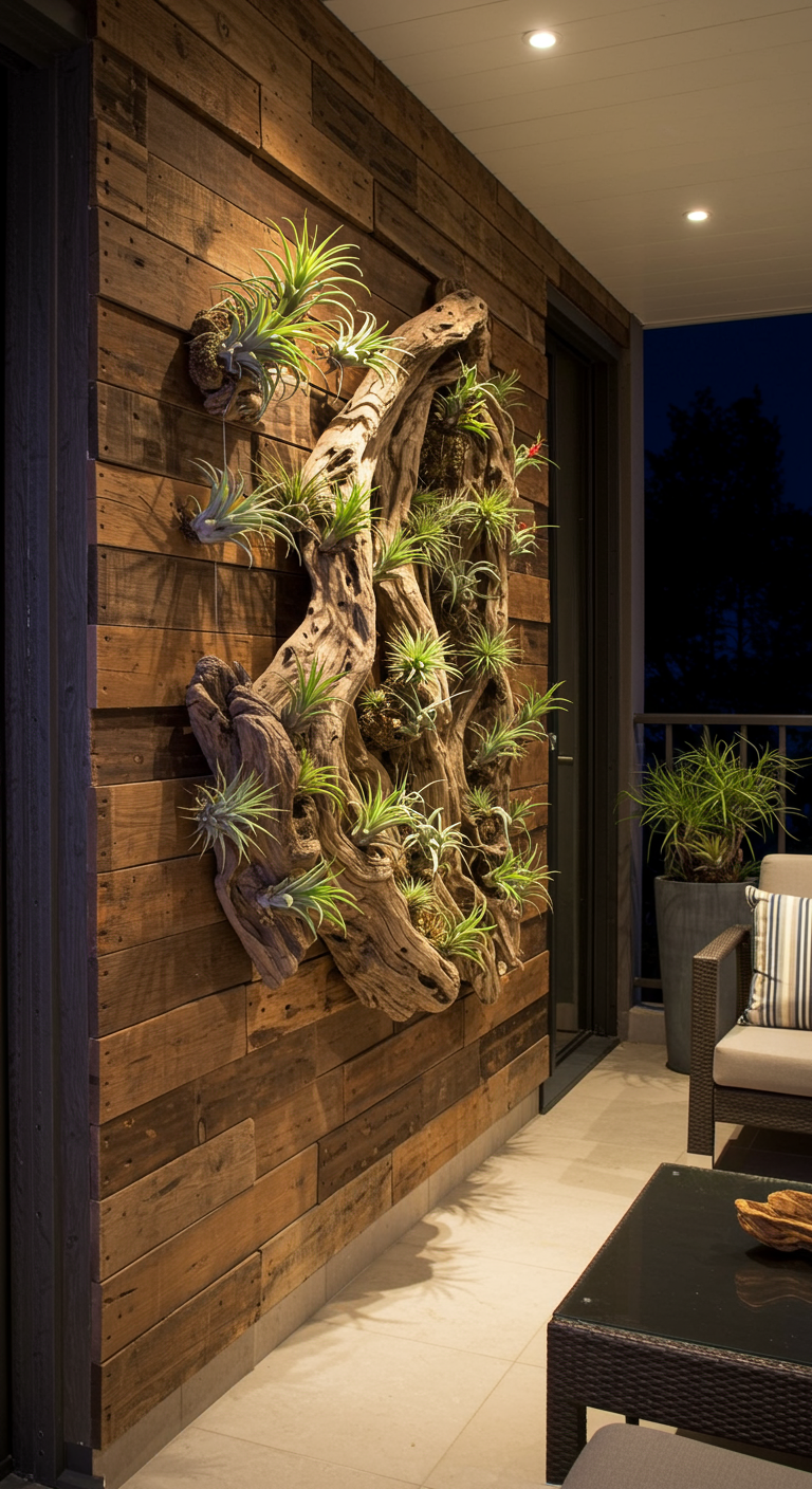 Houten wand met groot stuk drijfhout waarop diverse luchtplantjes groeien.