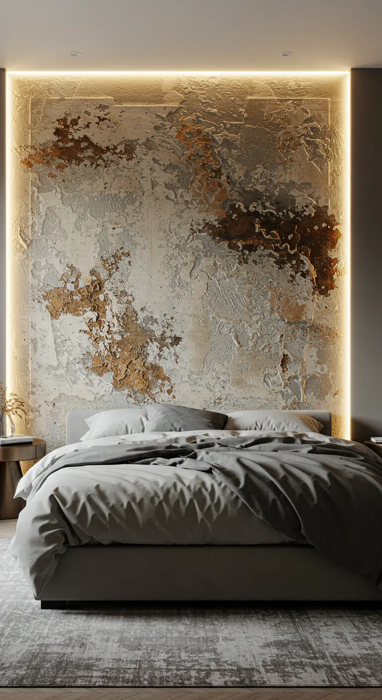 Getextureerde muur achter bed, omlijst met LED-strips voor een dramatisch effect.