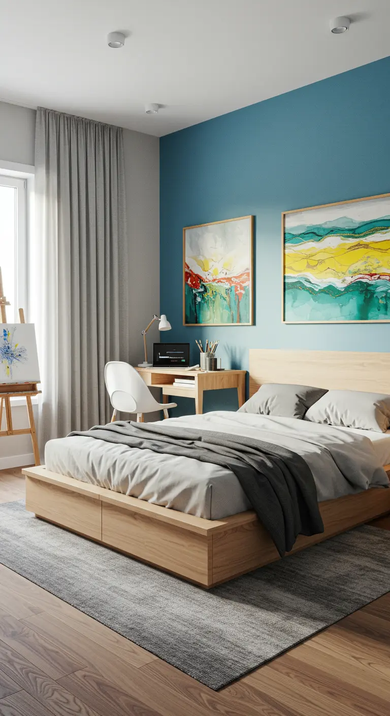 Slaapkamer met blauwe accentmuur, houten bed, abstracte kunst en een schildersezel.