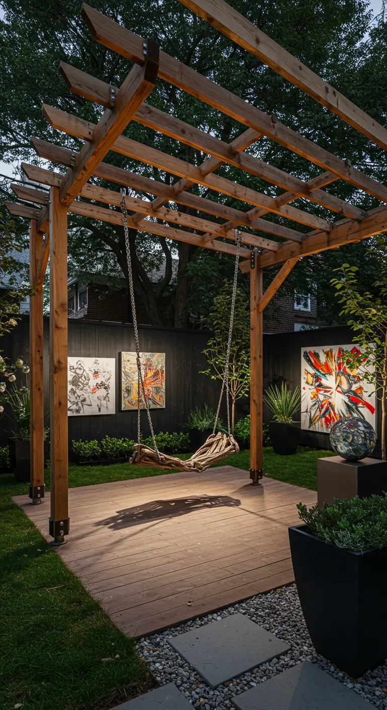 Moderne houten pergola met eenvoudige schommel, kunstwerken op donkere buitenmuur en tuinverlichting.