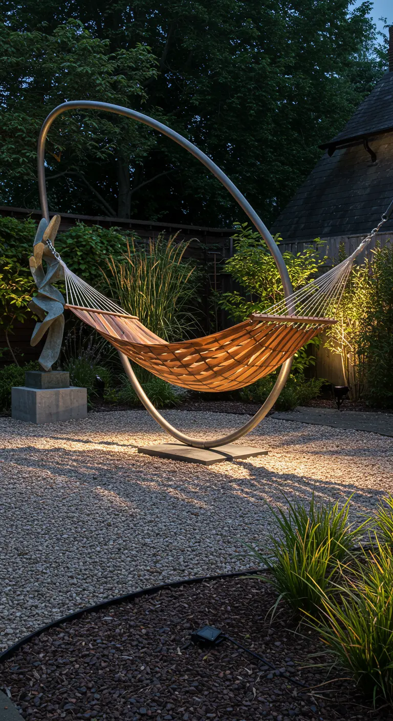 Houten design hangmat in een sculpturaal metalen frame, omringd door kunst en sfeerverlichting.