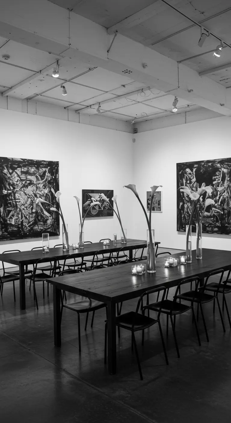 Lange dinertafels in kunstgalerie met minimalistische calla lelies en kaarslicht.