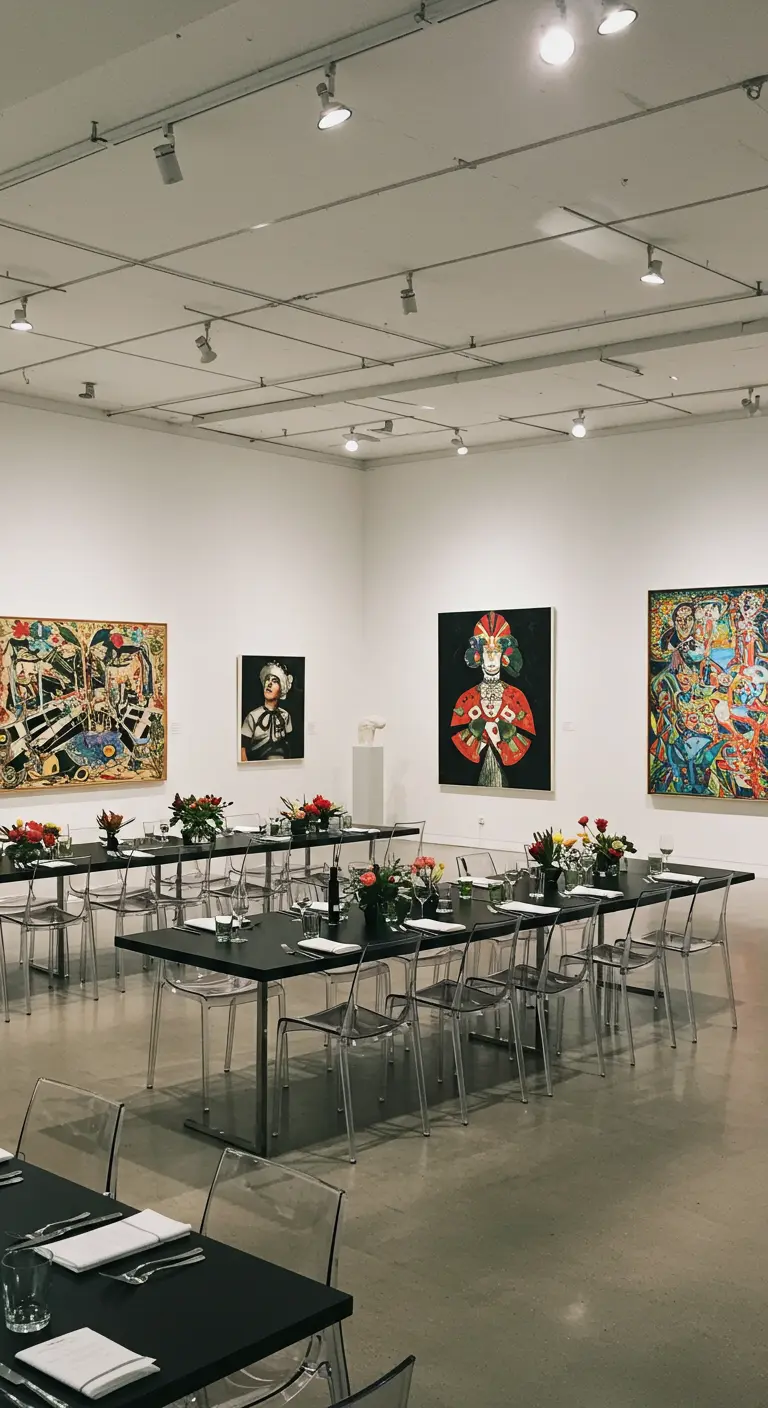 Bruiloftsdiner in een kunstgalerie met moderne tafels, transparante stoelen en kunst aan de muren.
