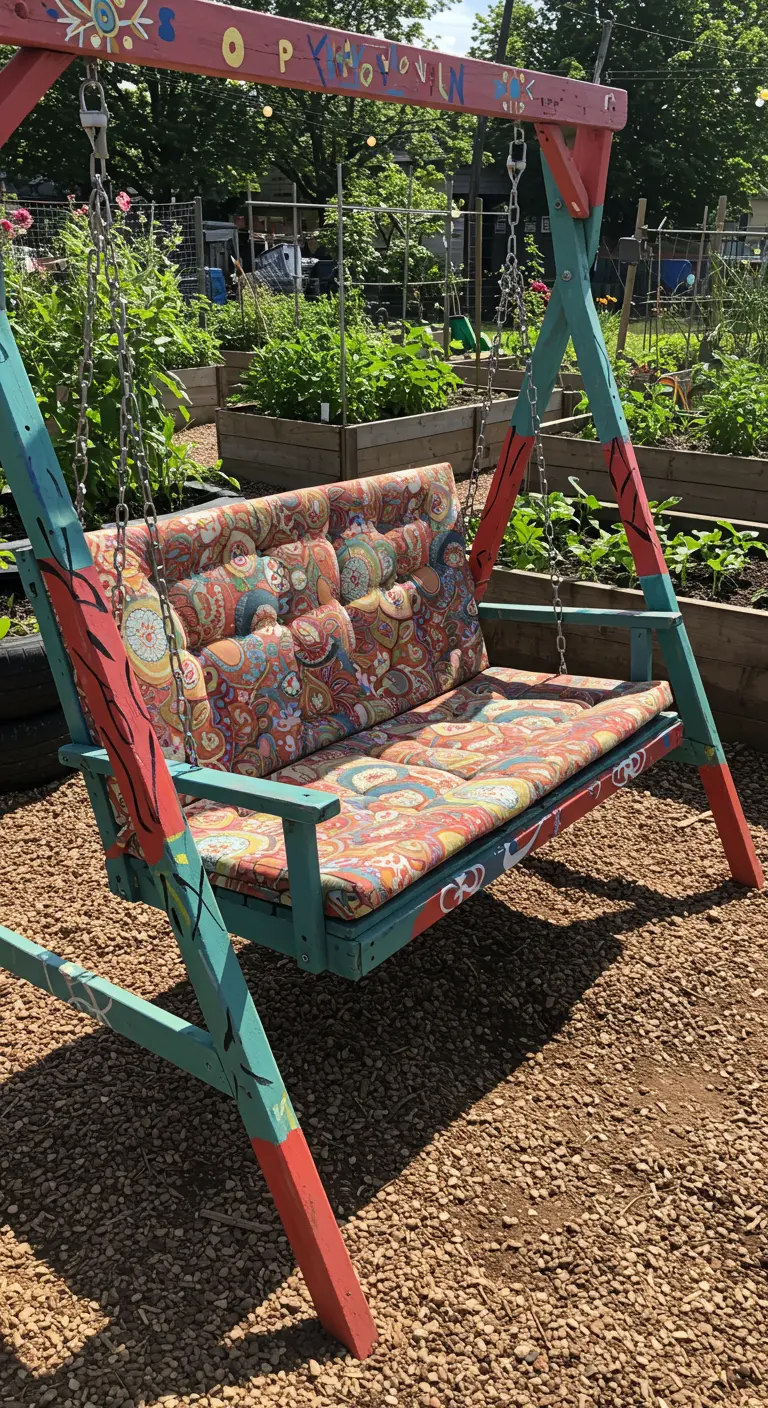 Handgeschilderde houten schommelbank met bontgekleurd kussen in een moestuin.