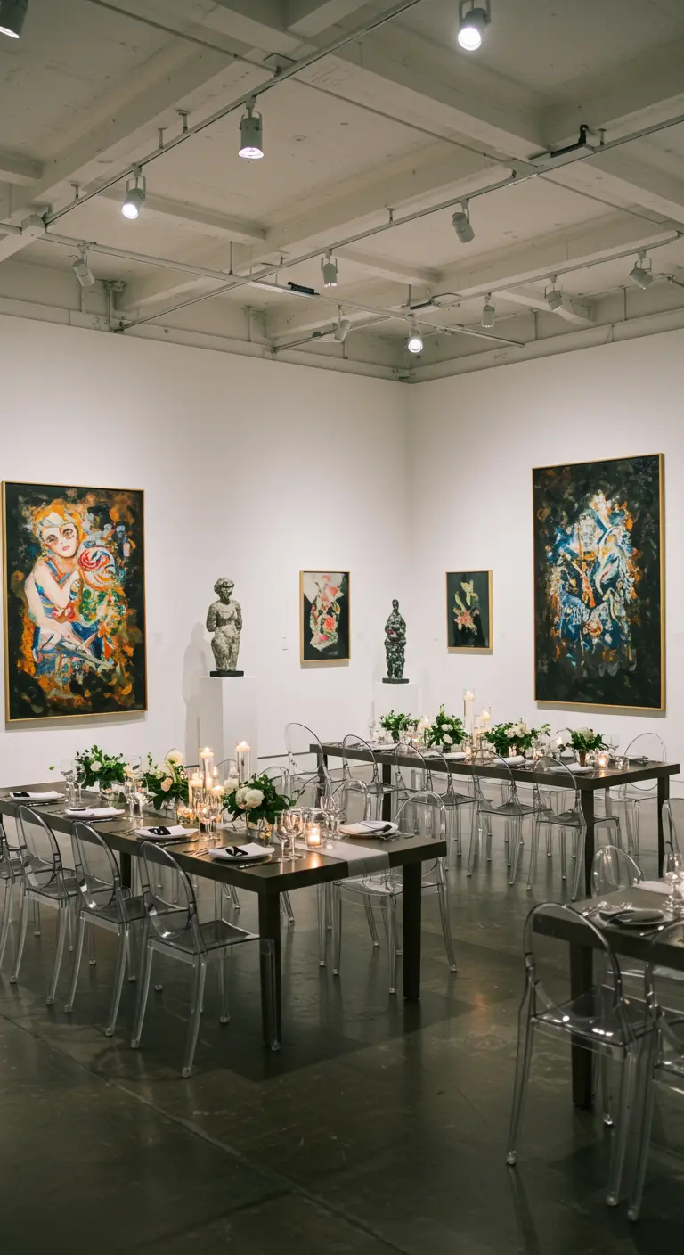 Bruiloftsdiner in een kunstgalerie met moderne kunst en minimalistische tafeldecoratie.