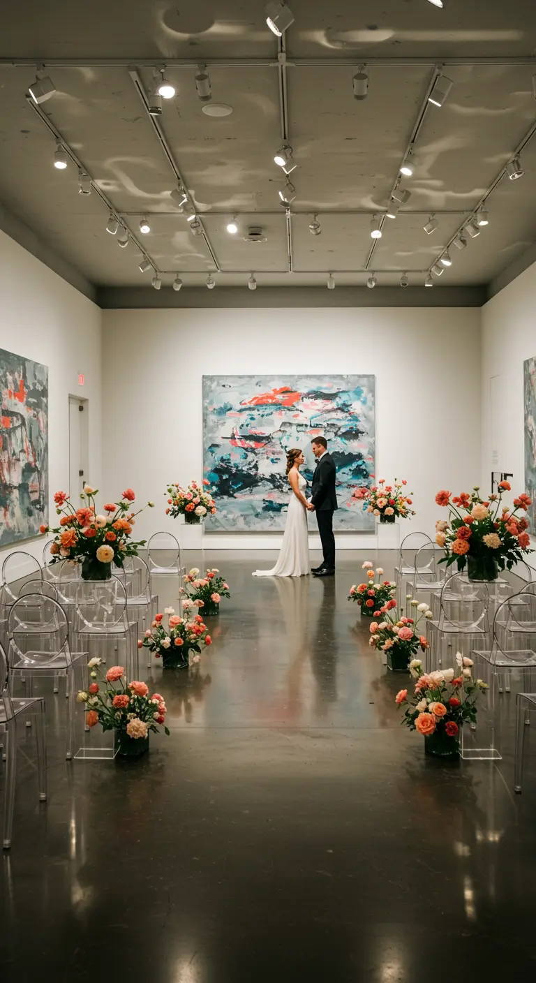 Trouwceremonie in museum met kunstwerk als achtergrond en moderne stoelen.