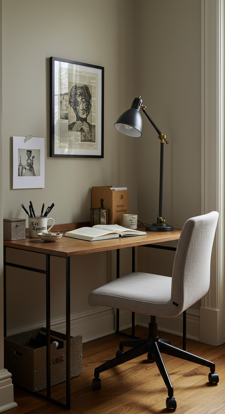 Minimalistisch bureau met ingelijste krantenkunst en een design bureaulamp.